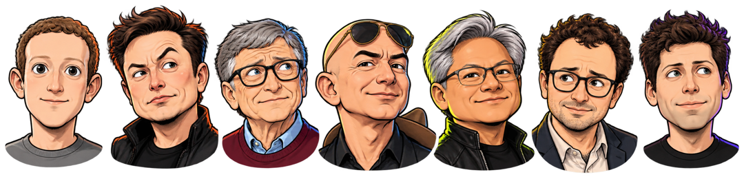 Chibi caricatures of Mark Zuckerberg, Elon Musk, Bill Gates, Jeff Bezos, Jensen Huang, Dario Amodei and Sam Altman